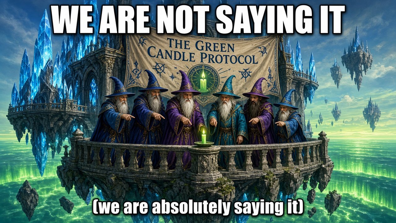 A wizard council points at one tiny green candle. Caption: We are not saying it. We are absolutely saying it.