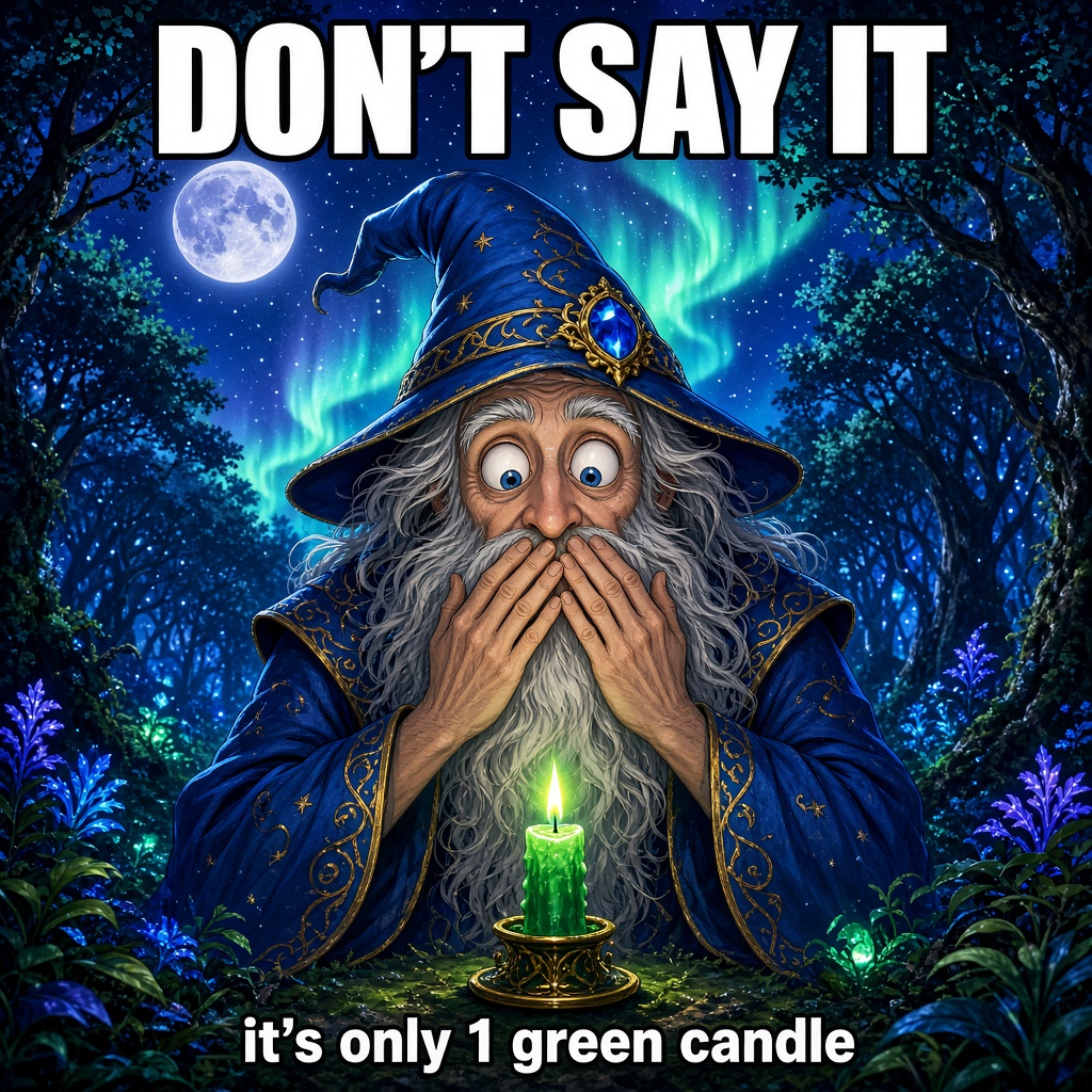 A wizard covers his mouth beside one green candle. Caption: Don't say it. It's only 1 green candle.