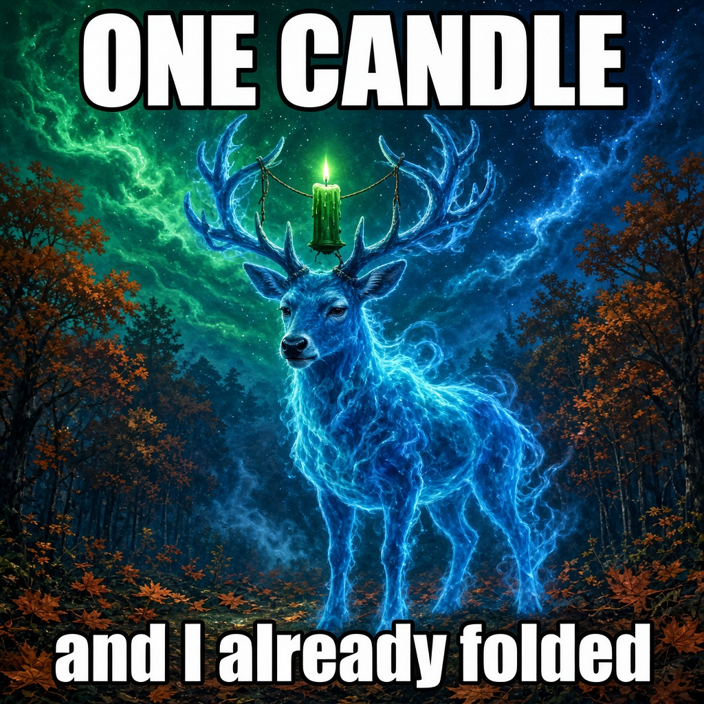A sapphire stag with one green candle hung in its antlers. Caption: One candle, and I already folded.