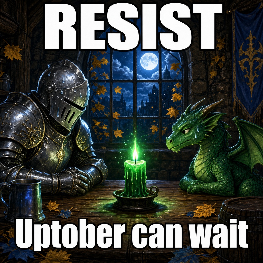 A knight and a small dragon stare at a green candle. Caption: Resist. Uptober can wait.